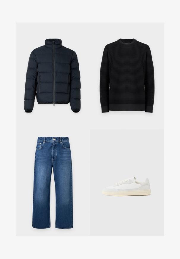 Veste matelassée noire avec col haut, manches longues, fermeture éclair frontale et deux poches latérales zippées sur fond uni.; Pull noir à manches longues avec col ras du cou, texture côtelée horizontale et poignets ajustés, présenté sur un fond gris clair uni.; Jean denim bleu à jambes larges, taille haute, fermeture à boutons et poches avant sur un fond clair uni.; Baskets blanches avec dessus en daim et cuir texturé. Caractérisées par un bout arrondi, une fermeture à lacets et une semelle en caoutchouc beige contrastante.