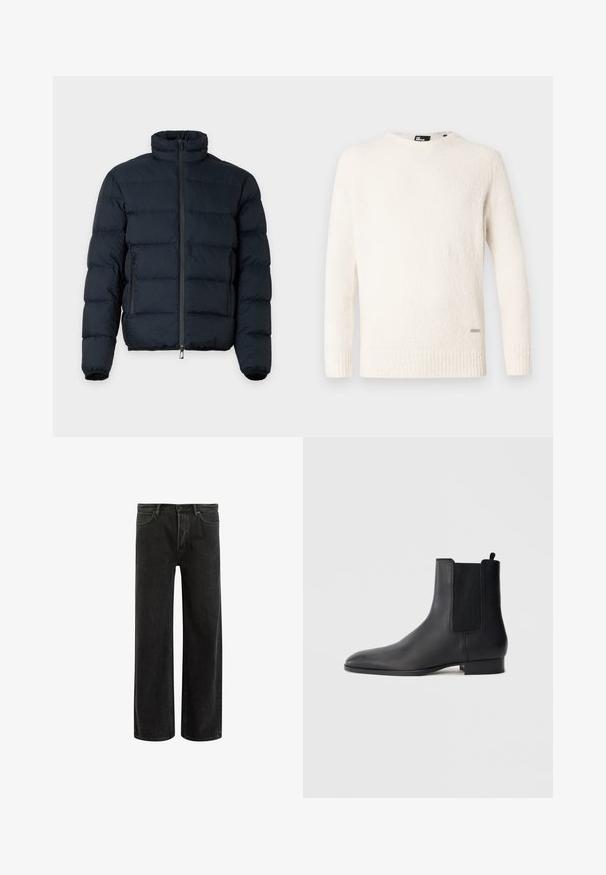 Schwarze gesteppte Jacke mit hohem Kragen, langen Ärmeln, Frontreißverschluss und zwei seitlichen Reißverschlusstaschen vor einfarbigem Hintergrund.; Weißer, strukturierter Pullover mit langen Ärmeln, geripptem Saum und Rundhalsausschnitt. Verfügt über ein kleines Markenetikett, das an der unteren Seite eingenäht ist.; Schwarze, weit geschnittene Jeans aus Denim mit hoher Taille, im klassischen Fünf-Taschen-Design und subtilem Verblassen für eine strukturierte Optik.; Schwarzer Chelsea-Stiefel aus Leder mit elastischen Seitenteilen und niedrigem, gestapeltem Absatz, im Profil vor schlichtem hellem Hintergrund gezeigt.