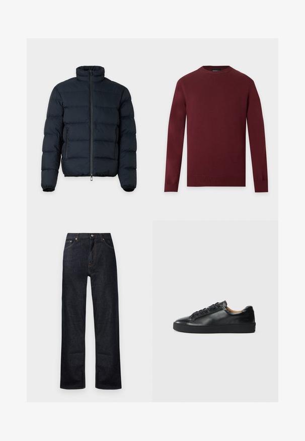 Schwarze gesteppte Jacke mit hohem Kragen, langen Ärmeln, Frontreißverschluss und zwei seitlichen Reißverschlusstaschen vor einfarbigem Hintergrund.; Langärmliger, weinroter Pullover mit Rundhalsausschnitt, gerippten Bündchen und Saum, dargestellt auf einem einfarbigen hellgrauen Hintergrund.; Dunkelblaue Jeans aus Denim mit geradem Bein, fünf Taschen und orangefarbenen Steppnähten. Metallknopf und Reißverschluss.; Schwarze Leder-Sneaker mit glatter Textur, runder Zehenpartie und Schnürverschluss. Verfügt über eine dicke Gummisohle und minimalistische Marken-Details.
