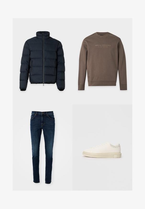 Schwarze gesteppte Jacke mit hohem Kragen, langen Ärmeln, Frontreißverschluss und zwei seitlichen Reißverschlusstaschen vor einfarbigem Hintergrund.; Braunes Sweatshirt mit Rundhalsausschnitt und langen Ärmeln, mit "Armani Exchange Milano / New York" bedruckt über der Brust.; Dunkelblaue Denim-Jeans mit slim fit, strukturiertem Design, Fünf-Taschen-Stil und leichten Ausbleichungen entlang der Beine und Nähte.; Weißer Sneaker mit einem glatten Obermaterial aus Canvas, flachen Schnürsenkeln, gepolstertem Kragen und einem strukturierten grauen Akzent an der Rückseite. Chunkige Gummisohle.