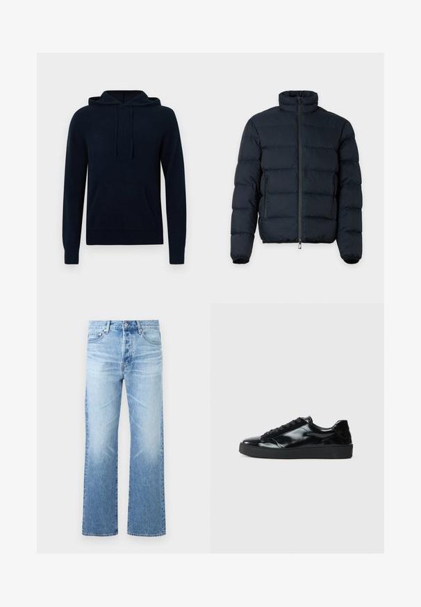 Veste matelassée noire avec col haut, manches longues, fermeture éclair frontale et deux poches latérales zippées sur fond uni.; Hoodie marine en tissu tricot doux, avec une poche kangourou à l'avant, un capot avec cordon de serrage et des poignets côtelés. Design simple sans motifs visibles.; Jean en denim bleu clair avec coupe droite, design à cinq poches, fermeture par bouton et légère décoloration sur les cuisses et les genoux.; Baskets en cuir verni noir avec un bout arrondi, un laçage, une semelle en caoutchouc texturé et une finition lisse.