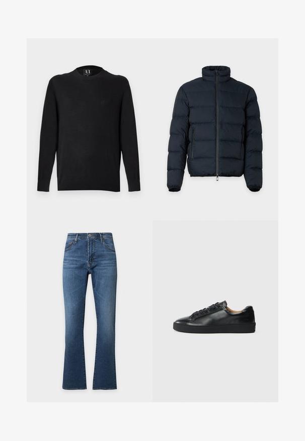 Veste matelassée noire avec col haut, manches longues, fermeture éclair frontale et deux poches latérales zippées sur fond uni.; Pull en maille noire à manches longues, col rond et poignets côtelés. Dispose d'un logo brodé sur la poitrine. Texture lisse.; Jean en denim bleu avec une jambe légèrement évasée, poches avant et arrière, fermeture par boutons et coutures visibles sur les coutures.; Baskets en cuir noir avec une texture lisse, bout rond et fermeture à lacets. Comprend une semelle en caoutchouc épaisse et un minimum de détails de marque.