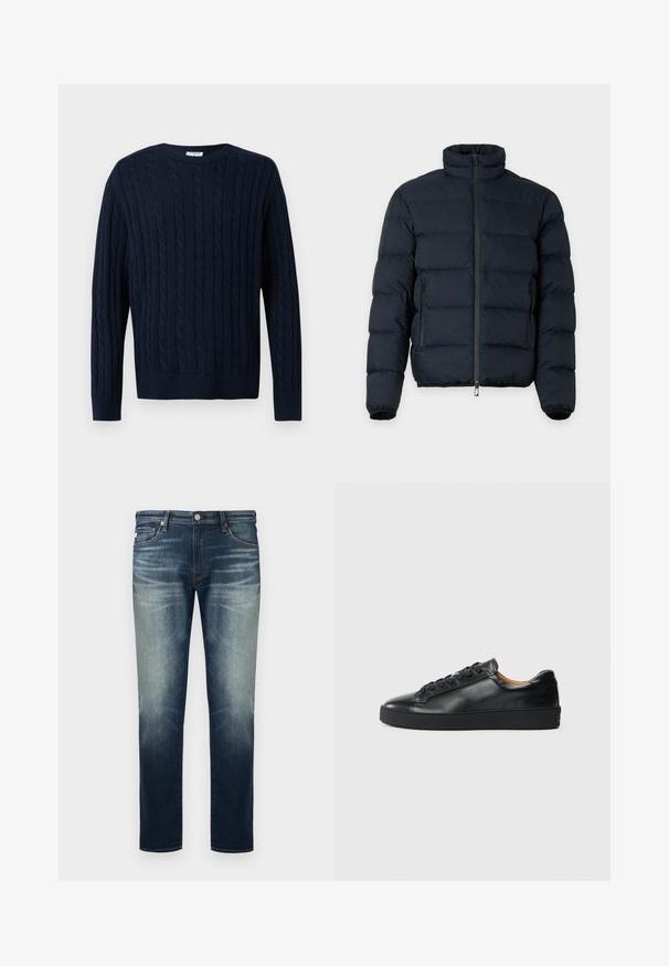 Veste matelassée noire avec col haut, manches longues, fermeture éclair frontale et deux poches latérales zippées sur fond uni.; Pull en maille torsadée bleu marine à manches longues et col rond, présentant un motif tressé vertical ainsi que des poignets et un ourlet côtelés.; Jean droit bleu pour hommes avec décoloration sur les cuisses et les genoux, fermeture avant par bouton et fermeture éclair, et design à cinq poches.; Baskets en cuir noir avec une texture lisse, bout rond et fermeture à lacets. Comprend une semelle en caoutchouc épaisse et un minimum de détails de marque.