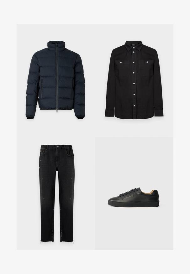 Chaqueta negra acolchada con cuello alto, mangas largas, cremallera frontal y dos bolsillos laterales con cremallera sobre fondo liso.; Camisa negra de manga larga con botones, cuello puntiagudo y dos bolsillos en el pecho al frente, cada uno asegurado con un botón blanco.; Vaqueros negros de denim con cinturilla elástica, corte recto, detalles desgastados y dobladillo desflecado. Presenta bolsillos y cierre con botón.; Zapatilla negra de cuero de caña baja con superficie texturizada, cordones negros y suela de goma gruesa, mostrada de lado sobre un fondo claro.
