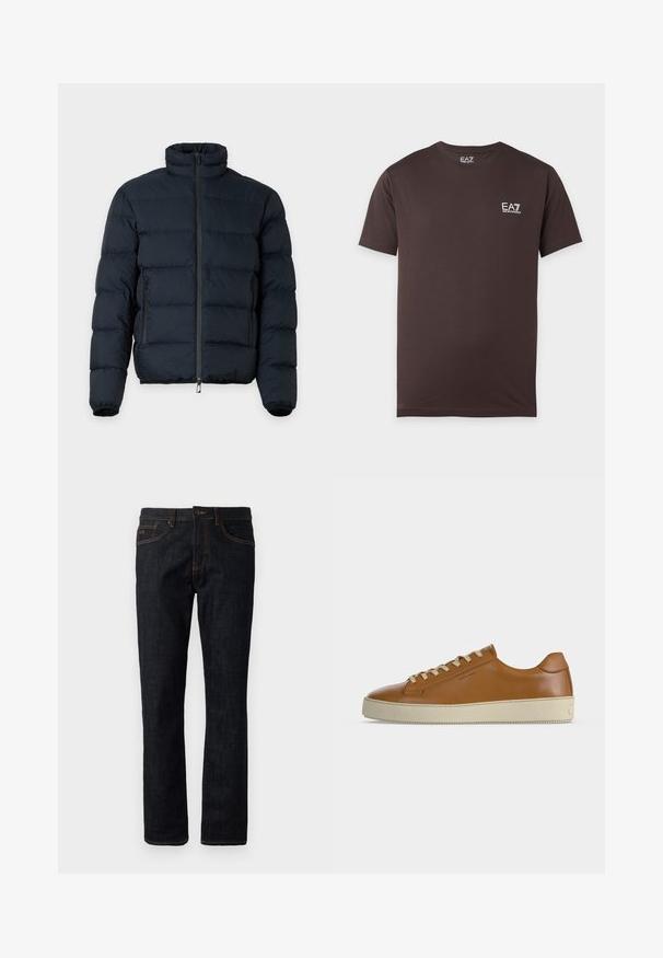 Chaqueta negra acolchada con cuello alto, mangas largas, cremallera frontal y dos bolsillos laterales con cremallera sobre fondo liso.; Camiseta de manga corta color marrón oscuro con cuello redondo y pequeño logo blanco EA7 Emporio Armani en el pecho izquierdo.; Jeans ajustados de color azul oscuro con costuras naranjas, cierre de botón y diseño de cinco bolsillos, exhibidos planos sobre un fondo blanco.; Zapatilla baja de piel marrón con cordones crema y suela gruesa de goma crema mostrada de perfil lateral sobre fondo blanco.