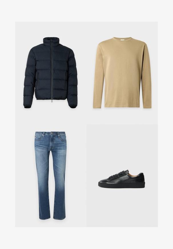 Veste matelassée noire avec col haut, manches longues, fermeture éclair frontale et deux poches latérales zippées sur fond uni.; T-shirt beige à manches longues avec col rond, au design simple et uni sur un fond gris clair.; Jean bleu délavé pour homme, coupe droite, avec fermeture à boutons et zip à l'avant, poches avant et arrière, présenté sur fond blanc.; Baskets en cuir noir avec une texture lisse, bout rond et fermeture à lacets. Comprend une semelle en caoutchouc épaisse et un minimum de détails de marque.