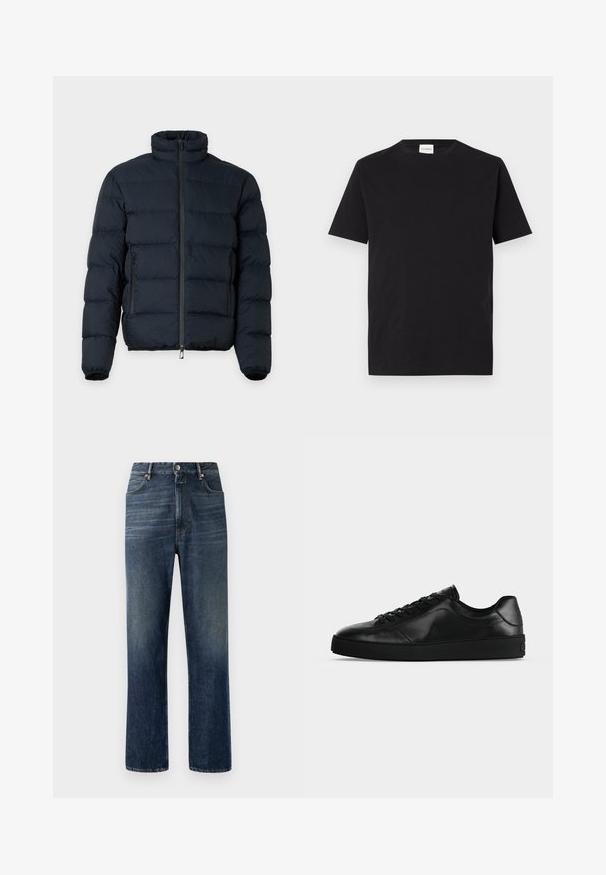 Schwarze gesteppte Jacke mit hohem Kragen, langen Ärmeln, Frontreißverschluss und zwei seitlichen Reißverschlusstaschen vor einfarbigem Hintergrund.; Schwarzes Baumwoll-T-Shirt mit Rundhalsausschnitt und kurzen Ärmeln. Hat einen geraden Schnitt und ein minimalistisches Design, mit einem sichtbaren Etikett am Kragen.; Dunkelblaue Denim-Jeans mit geradem Bein, sichtbaren Nähten, Five-Pocket-Design und silberner Knopfverschluss an der Taille.; Niedrig geschnittener schwarzer Ledersneaker mit Schnürung vorne und strukturierter flacher Sohle, seitlich auf neutralem Hintergrund gezeigt.