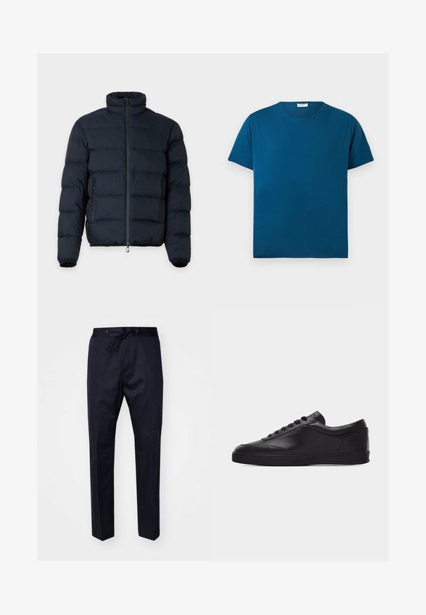 Sort polstret jakke med høj krave, lange ærmer, lynlås foran og to lynlåslommer i siderne på ensfarvet baggrund.; Blå t-shirt med korte ærmer og rund hals, ensfarvet design, lagt fladt på en hvid baggrund.; Marineblå, letvægtsbukser med elastisk talje, justerbar snor og lige ben. Glat tekstur uden synlige mønstre eller accenter.; Sort lavtstående lædersneaker med snørebånd foran og flad gummisål, vist fra siden på en ensartet hvid baggrund.