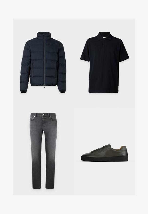 Veste matelassée noire avec col haut, manches longues, fermeture éclair frontale et deux poches latérales zippées sur fond uni.; Polo noir à manches courtes avec col et un bouton sur un fond gris clair.; Jean denim gris slim pour hommes, avec bouton et fermeture éclair à l'avant, style cinq poches, présenté à plat sur un fond clair.; Basket basse en cuir gris foncé avec lacets et semelle noirs, design minimaliste, profil latéral sur un fond clair uni.