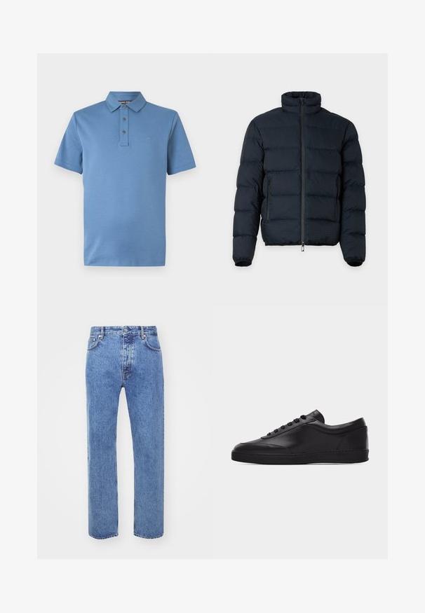Sort polstret jakke med høj krave, lange ærmer, lynlås foran og to lynlåslommer i siderne på ensfarvet baggrund.; Blå kortærmet poloshirt med klassisk krave, tre-knaps stolpelukning og diskret "MK" logo på venstre bryst.; Won Hundred STEVE - Jeans Relaxed Fit - cut blue; Sort lavtstående lædersneaker med snørebånd foran og flad gummisål, vist fra siden på en ensartet hvid baggrund.