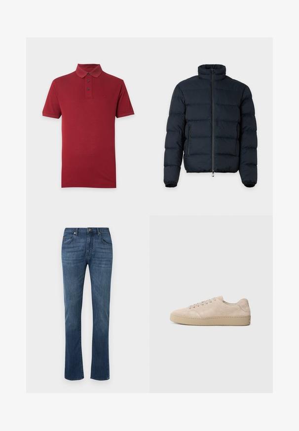 Veste matelassée noire avec col haut, manches longues, fermeture éclair frontale et deux poches latérales zippées sur fond uni.; Polo à manches courtes rouge foncé avec trois boutons noirs et petit logo brodé sur le côté gauche de la poitrine, présenté sur un fond uni.; Jean droit en denim bleu avec passants pour ceinture, bouton à l'avant, braguette zippée et conception classique à cinq poches.; Baskets en daim beige avec un bout rond, des lacets plats et une semelle en caoutchouc texturé. Design minimaliste avec des bords lisses et des coutures discrètes.