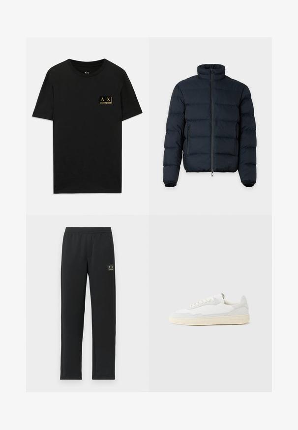 Sort polstret jakke med høj krave, lange ærmer, lynlås foran og to lynlåslommer i siderne på ensfarvet baggrund.; Sort bomulds T-shirt med rund halsudskæring. Har et lille guld logo-patch på venstre bryst med teksten "AX Armani Exchange". Klassisk pasform.; Sorte sweatpants med lige ben, elastisk talje og sort logo-patch på venstre lår.; Hvid sneakers med en øvre del i tekstureret ruskind og læder. Har rundet tå, snørelukning og kontrasterende beige gummisål.