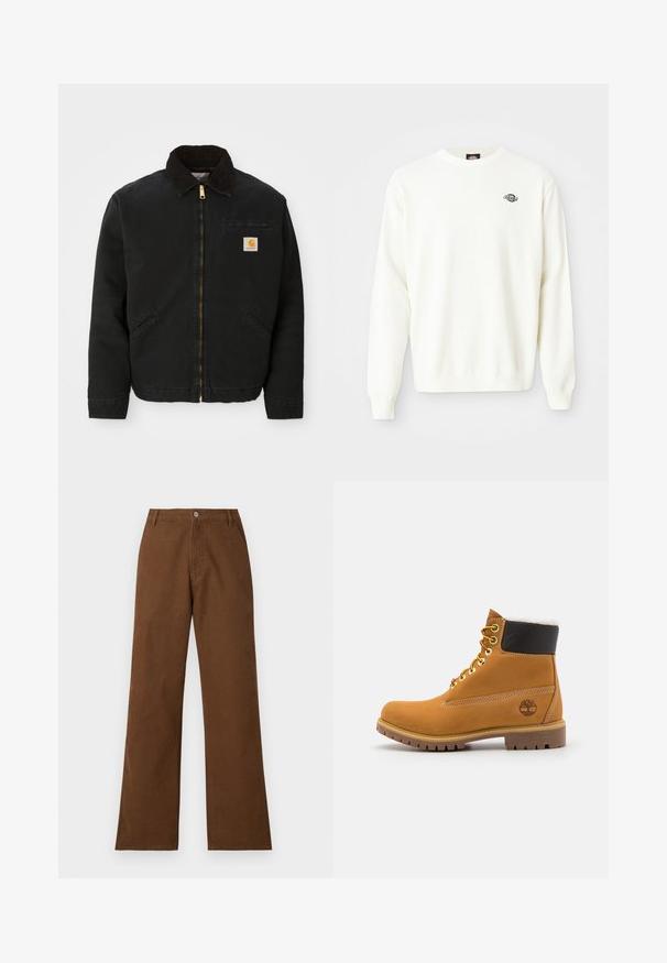 Schwarze zip-up Jacke mit braunem Cordkragen, zwei Seitentaschen und einem kleinen quadratischen Carhartt-Logo-Patch auf der linken Brust.; Weißer, langer Strickpullover mit Rundhalsausschnitt und kleinem schwarzen Dickies-Logo auf der linken oberen Brust.; Braune Baumwollhosen mit gerader Beinform, Knopfverschluss und zwei Vorderaschen. Glatte Textur ohne sichtbare Muster oder Verzierungen.; Braune Leder-Ankle-Boots mit Metallösen, weißem Kunstfellfutter, schwarzem gepolstertem Kragen, robustem Sohlenprofil und geprägtem Logo an der Seite.