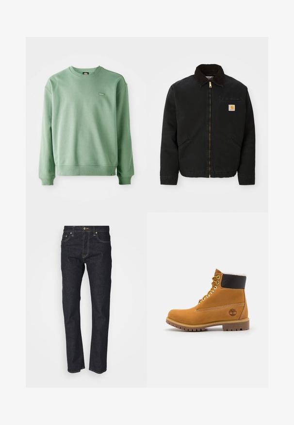 Schwarze zip-up Jacke mit braunem Cordkragen, zwei Seitentaschen und einem kleinen quadratischen Carhartt-Logo-Patch auf der linken Brust.; Grüner Rundhalsausschnitt-Pullover aus weichem Stoff, mit gerippten Bündchen und Saum sowie einem kleinen Logoprogramm auf der Vorderseite. Glatte Textur.; Dunkelblaue Jeans aus Denim mit geradem Schnitt, ausgestattet mit einem Knopfverschluss, fünf Taschen und goldenen Nähtelementen. Glatte Textur.; Braune Leder-Ankle-Boots mit Metallösen, weißem Kunstfellfutter, schwarzem gepolstertem Kragen, robustem Sohlenprofil und geprägtem Logo an der Seite.