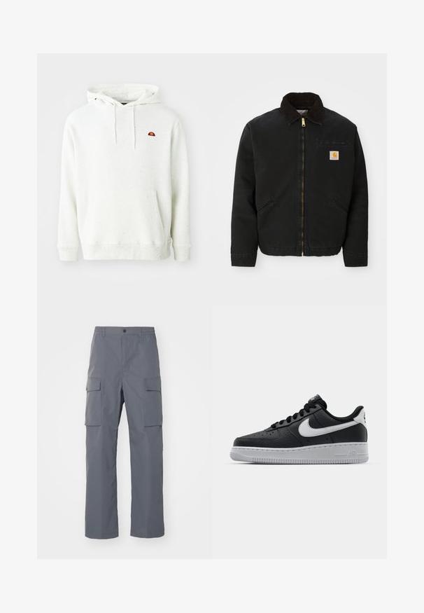 Schwarze zip-up Jacke mit braunem Cordkragen, zwei Seitentaschen und einem kleinen quadratischen Carhartt-Logo-Patch auf der linken Brust.; Weiß gesprenkelter Kapuzenpullover mit einer Fronttasche, verstellbarem Kordelzug an der Kapuze und einem kleinen mehrfarbigen Logo auf der linken Brust.; Grau Cargo-Hosen aus strapazierfähigem Stoff. Zu den Merkmalen gehören ein elastischer Bund, zwei große Seitentaschen und ein gerader Schnitt.; Schwarze Ledersneaker mit strukturierten Oberflächen, weißem Nike-Swoosh, grauer Sohle, runder Zehenpartie und Schnürdesign. Verfügt über Perforationen an der Zehenbox.