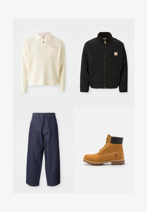 Zwarte ritsjack met een bruine corduroy kraag, twee zijzakken en een klein vierkant Carhartt logo-patch op de linkerborst.; Lichte crème gebreide pullover met een textuurpatroon, een placket met twee knopen en een borstzak. Heeft geribbelde manchetten en een zoom.; Donkerblauwe denim jeans met een losse, wijde pasvorm. Kenmerken zijn een knoopsluiting, steekzakken aan de voorkant en zichtbare stiksels.; Bruine leren enkellaars met metalen oogjes, witte faux bont voering, zwarte gewatteerde kraag, robuuste zool en een reliëflogo aan de zijkant.