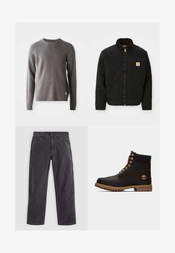 Sort zip-up jakke med brun kordfløjlskrave, to sidelommer og et lille firkantet Carhartt logo patch på venstre bryst.; Grå ribbestrikket sweater med lange ærmer og rund halsudskæring. Har en tekstureret overflade og et lille logo mærke på kanten.; Sortstribede bukser lavet af bomuldsblandingsstof. Har et lige ben-design, sidelommer og en knaplukning.; Sorte læder ankelstøvle med gyldne øjer, brune detaljer og gummisål. Har en polstret krave og præget logo på siden.