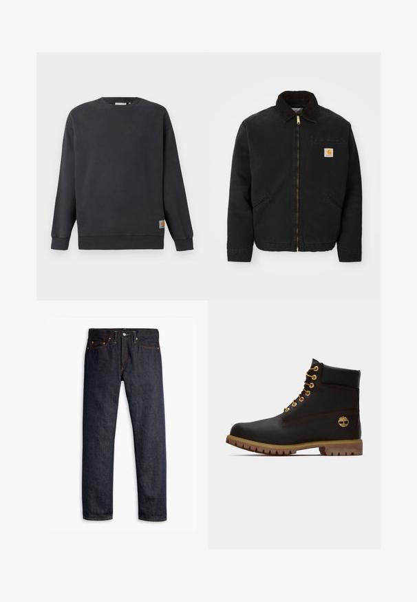 Sort zip-up jakke med brun kordfløjlskrave, to sidelommer og et lille firkantet Carhartt logo patch på venstre bryst.; Mørkegrå crewneck sweatshirt med ribstrikkede manchetter og søm. Har en lille vævet logo-label på nederste venstre side. Lavet i bomuldsstof med en glat tekstur.; Mørkeblå denimjeans med lige pasform, fem-lomme design, kobbernitter, gul syning og et markant struktureret stof.; Sorte læder ankelstøvle med gyldne øjer, brune detaljer og gummisål. Har en polstret krave og præget logo på siden.