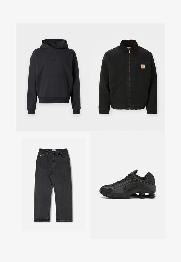 Sort zip-up jakke med brun kordfløjlskrave, to sidelommer og et lille firkantet Carhartt logo patch på venstre bryst.; Sort hættebluse lavet af en bomuldsblanding, med en kængurulomme, ribbede manchetter og et logodetalje på brystet. Klassisk, afslappet pasform.; Sorte denimjeans med lige ben, fem lommer, diskrete syningsdetaljer og et lille logo på den forreste lomme.; Sorte løbesko med en glat syntetisk overdel, perforerede detaljer, teksturerede sidedele og en distinkt fjedrende sål.