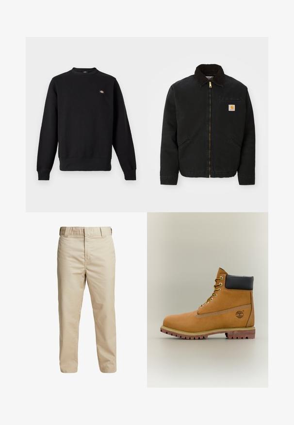 Schwarze zip-up Jacke mit braunem Cordkragen, zwei Seitentaschen und einem kleinen quadratischen Carhartt-Logo-Patch auf der linken Brust.; Schwarzer Sweatshirt mit Rundhalsausschnitt, langen Ärmeln, gerippten Bündchen und Saum sowie kleinem rechteckigem Logo-Patch auf der linken Brust.; Beige Baumwollhose mit schmaler Passform, geraden Beinen und Gürtelschlaufen; glatte Textur und minimalistisches Design ohne sichtbare Akzente.; Brauner Leder-Stiefelette mit schwarzem Kragen, gelben Schnürsenkeln und hellbrauner Sohle. Verfügt über ein Logo und weiße Ziernähe. Robuste Profilsohle.
