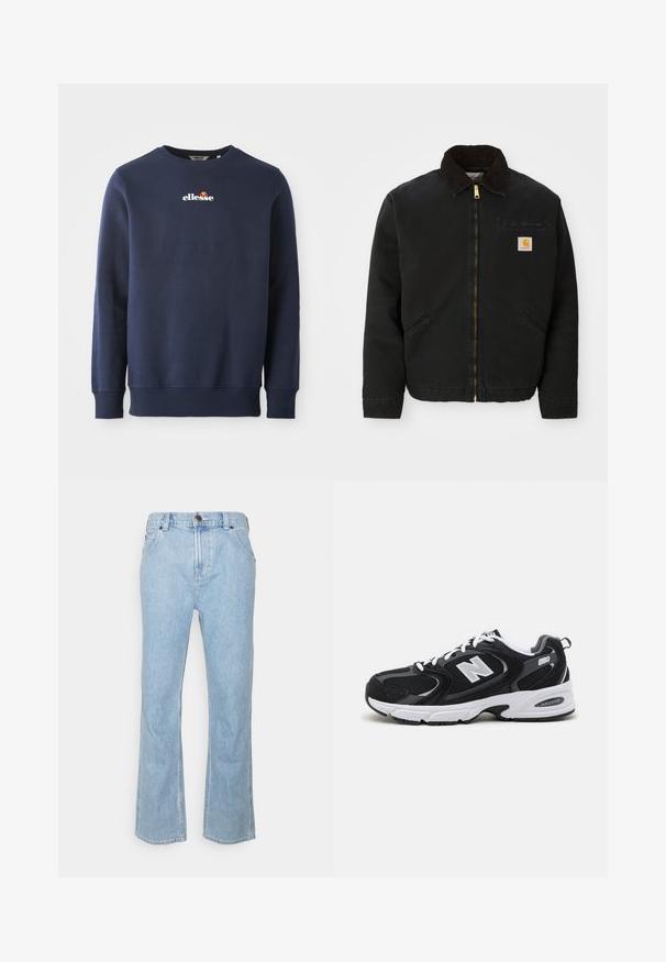 Zwarte ritsjack met een bruine corduroy kraag, twee zijzakken en een klein vierkant Carhartt logo-patch op de linkerborst.; Navyblauwe sweatshirt gemaakt van een zachte stof, met een ronde hals en geribbelde manchetten. Geborduurd "ellesse" logo met gekleurde accenten.; Lichtblauwe denim jeans met een recht gesneden pijp, vijf zakken en een knoopsluiting in de taille. Kenmerkend zijn de gestikte details.; Zwarte en grijze sport schoenen met een bovenwerk van mesh en suede, voorzien van een witte tussenzool, veters en een gedurfde "N"-logo aan de zijkant.