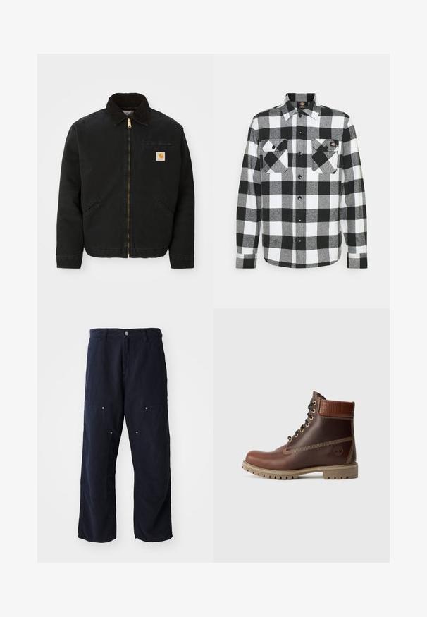 Sort zip-up jakke med brun kordfløjlskrave, to sidelommer og et lille firkantet Carhartt logo patch på venstre bryst.; Sort og hvid flannel skjorte med ternet mønster, prydet med to brystlommer, knaplukning foran og krave. Blødt, tekstureret stof.; Marineblå brede bukser lavet af bomuld med en struktureret overflade. Har to frontlommer med knapdetaljer og en frontlukning med knap.; Brun læder snørebånd ankelstøvle med polstret krave, kontrastsyning og robust sål, vist fra ydersiden på en hvid baggrund.