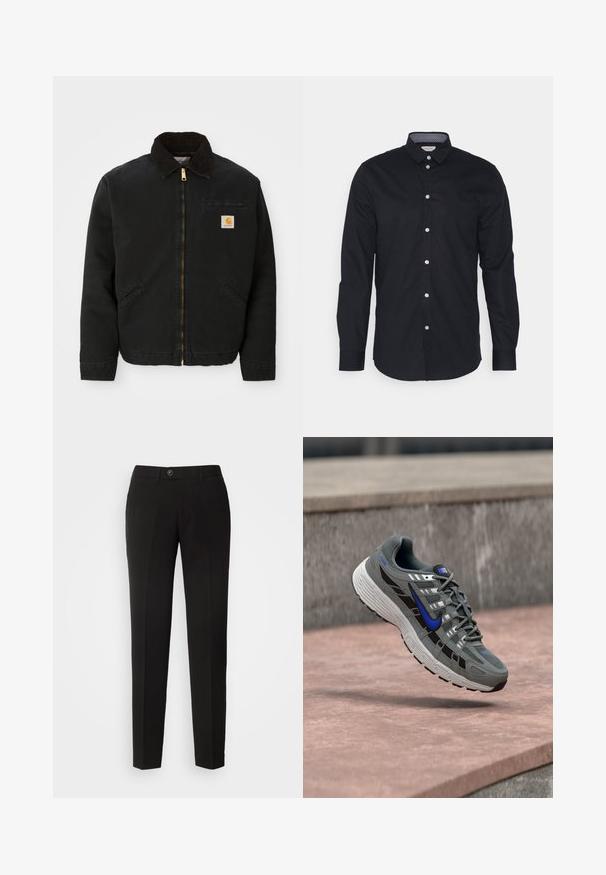 Chaqueta negra con cremallera y cuello de pana marrón, dos bolsillos laterales y un pequeño parche cuadrado con el logo de Carhartt en el lado izquierdo del pecho.; Camisa negra de manga larga y botones, hecha de algodón, con cuello. Presenta cinco botones en la parte delantera y un cuello interior con patrón.; Pantalones rectos negros de tejido suave, con cierre de botón y bolsillos laterales con un diseño clásico.; Zapatilla de running Nike gris y negra con el swoosh azul y suela blanca flotando sobre una superficie de piedra.
