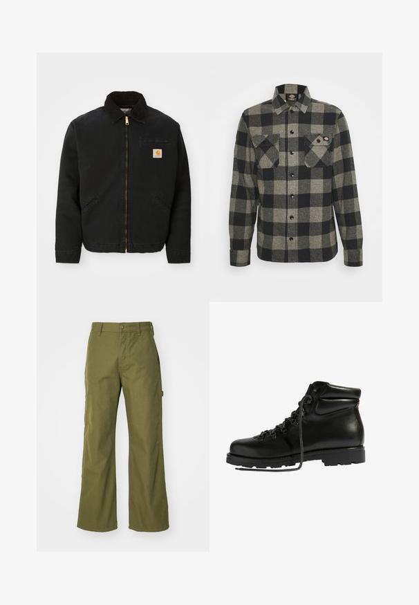 Sort zip-up jakke med brun kordfløjlskrave, to sidelommer og et lille firkantet Carhartt logo patch på venstre bryst.; Sort og gråternet flannel skjorte med lange ærmer, knaplukning foran, to brystlommer og en let bøjet kant. Struktureret stof.; Oliven grønne bukser med bred ben, lavet af slidstærkt stof, med knaplukning, sidelommer og lige kantdesign.; Sorte lær hikingstøvler med polstret krave, grå snører, metaløjerne og en robust gummisål med dybe dæksler for godt greb.