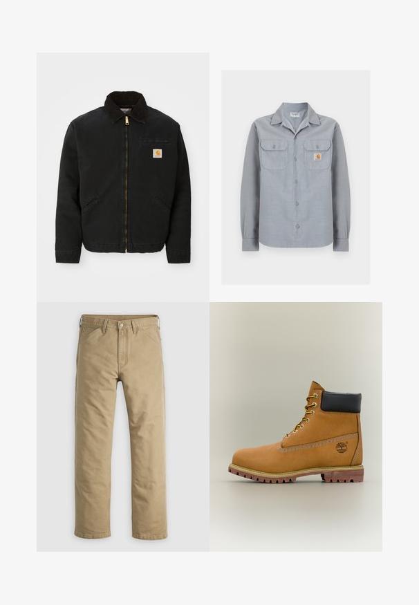Schwarze zip-up Jacke mit braunem Cordkragen, zwei Seitentaschen und einem kleinen quadratischen Carhartt-Logo-Patch auf der linken Brust.; Hellgraues Hemd mit langen Ärmeln und Knöpfen, zwei Brusttaschen, davon eine mit einem kleinen Carhartt-Logo-Patch auf der rechten Seite.; Khakifarbene Baumwollhose mit geradem Bein, Vordertaschen und Knopfverschluss. Glatte Textur und verstärkte Nähte für Langlebigkeit.; Brauner Leder-Stiefelette mit schwarzem Kragen, gelben Schnürsenkeln und hellbrauner Sohle. Verfügt über ein Logo und weiße Ziernähe. Robuste Profilsohle.