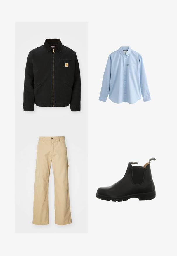 Zwarte ritsjack met een bruine corduroy kraag, twee zijzakken en een klein vierkant Carhartt logo-patch op de linkerborst.; Lichtblauw overhemd met lange mouwen en knopen, voorzien van een kraag, een borstzak en een subtiele textuur in de stof.; Beige wijde cargo broek met een knoopsluiting, voorzien van zijzakken, gemaakt van stevig katoen, met een soepele textuur en een recht gesneden ontwerp.; Zwarte leren Chelsea boot met elastische zijpanelen, een ronde neus en een robuuste rubberen zool met een hiel-lus voor gemakkelijk aan- en uittrekken.