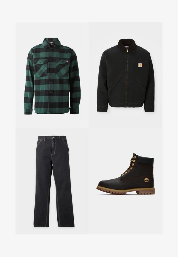 Zwarte ritsjack met een bruine corduroy kraag, twee zijzakken en een klein vierkant Carhartt logo-patch op de linkerborst.; Groene en zwarte geruite flanellen overhemd met lange mouwen, knoopsluiting aan de voorkant, twee borstzakken en een klassieke kraag. Zachte textuur, veelzijdig ontwerp.; Zwarte jeans met rechte pijpen, voorzakken, riemlussen en zichtbare witte stiksels op een effen lichtgrijze achtergrond.; Zwarte leren enkellaars met gouden oogjes, bruine accenten en een rubberen zool. Heeft een gevoerde kraag en geperst logo aan de zijkant.