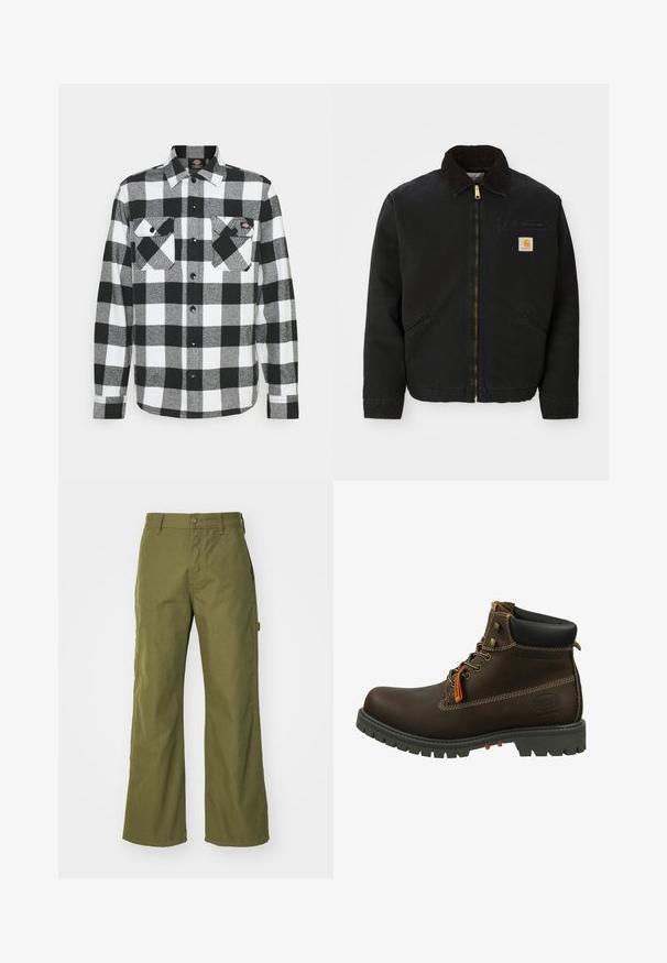 Zwarte ritsjack met een bruine corduroy kraag, twee zijzakken en een klein vierkant Carhartt logo-patch op de linkerborst.; Zwart-witte flanellen blouse met een geruit patroon, voorzien van twee borstzakken, knoopsluiting en een kraag. Zachte, gestructureerde stof.; Olijfgroene wijde broek van duurzaam materiaal, met een knoopsluiting, zijzakken en een rechte zoom.; Dockers by Gerli Veterboots - schoko