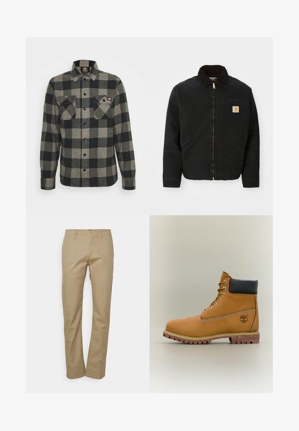 Schwarze zip-up Jacke mit braunem Cordkragen, zwei Seitentaschen und einem kleinen quadratischen Carhartt-Logo-Patch auf der linken Brust.; Schwarzes und graues kariertes Flanellhemd mit langen Ärmeln, Knopfverschluss vorne, zwei Brusttaschen und einem leicht abgerundeten Saum. Strukturiert. ; Beige Chinos mit geradem Bein, ausgestattet mit einem Knopfverschluss, Gürtelschlaufen und einer glatten Baumwollstoffstruktur.; Brauner Leder-Stiefelette mit schwarzem Kragen, gelben Schnürsenkeln und hellbrauner Sohle. Verfügt über ein Logo und weiße Ziernähe. Robuste Profilsohle.