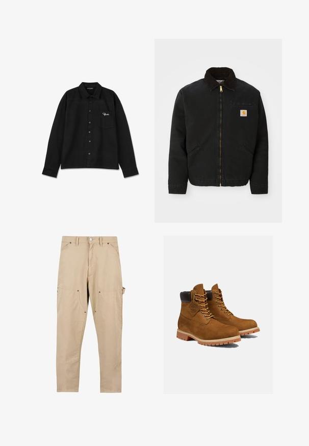 Sort zip-up jakke med brun kordfløjlskrave, to sidelommer og et lille firkantet Carhartt logo patch på venstre bryst.; Sort langærmet skjorte lavet af stof, med krave, knap-lukning foran, enkelt brystlomme og broderet logo i hvid på lommen.; Beige cargo bukser lavet af bomuld. Har flere lommer, lige pasform og knaplukning med metalhardware detaljer.; Brune ruskinds ankelstøvler med en polstret sort krave, gyldne snørehuller og en tyk gummisål med en mønster, der giver godt greb.