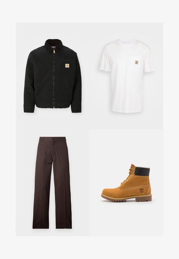 Veste noire à zip avec un col en velours côtelé marron, deux poches latérales et un petit patch carré avec le logo Carhartt sur la poitrine gauche.; T-shirt en coton blanc à manches courtes, avec une poche poitrine et un petit patch logo carré en orange et blanc sur la poche.; Pantalon marron droit avec passants de ceinture et fermeture éclair à l'avant, présenté sur un fond clair uni.; Bottine en cuir brun avec œillets en métal, doublure en fourrure blanche, col rembourré noir, semelle robuste et logo en relief sur le côté.