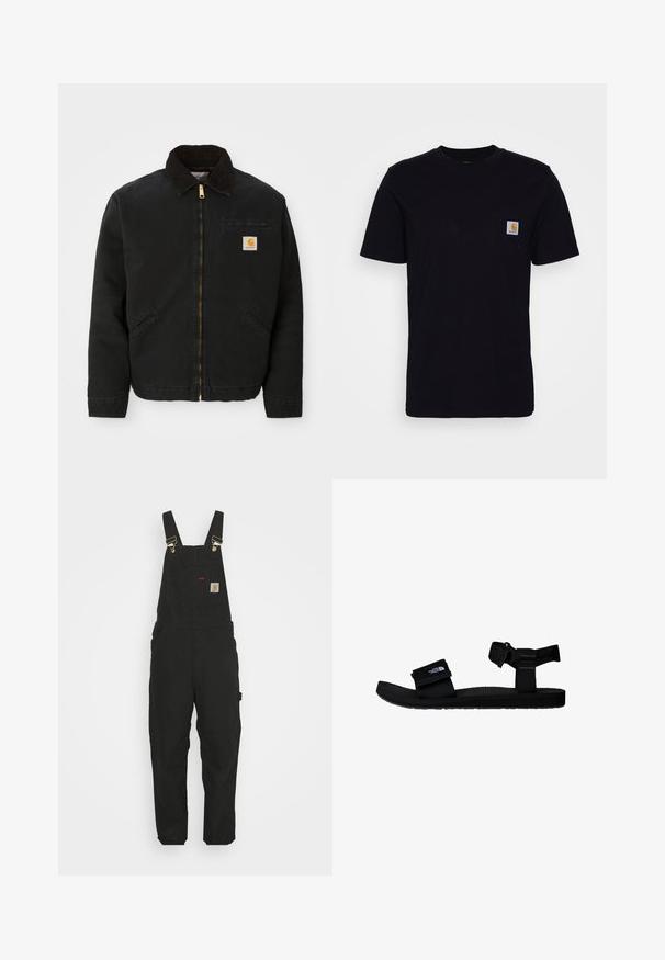 Schwarze zip-up Jacke mit braunem Cordkragen, zwei Seitentaschen und einem kleinen quadratischen Carhartt-Logo-Patch auf der linken Brust.; Schwarzes Baumwoll-T-Shirt mit kurzen Ärmeln, rundem Hals und einer Brusttasche, die mit einem kleinen, quadratischen Logo-Patch versehen ist. Einfaches, einfarbiges Design.; Schwarze Baumwoll-Latzhosen mit verstellbaren Trägern, einer Fronttasche mit Logo-Patch und zwei Seitentaschen im entspannten Schnitt.; Schwarze Sandalen mit verstellbaren Stoffriemen, strukturiertem Gummisohle und einem Logopatch. Entworfen für Komfort und die Nutzung im Freien.