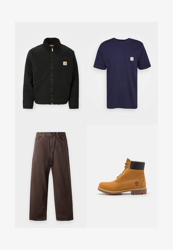 Veste noire à zip avec un col en velours côtelé marron, deux poches latérales et un petit patch carré avec le logo Carhartt sur la poitrine gauche.; T-shirt en coton bleu marine à manches courtes, col rond, avec une poche sur la poitrine gauche arborant un logo Carhartt brodé en jaune et blanc.; Pantalons larges marron en coton, avec un design classique à cinq poches, une fermeture éclair et des détails de couture visibles.; Bottine en cuir brun avec œillets en métal, doublure en fourrure blanche, col rembourré noir, semelle robuste et logo en relief sur le côté.
