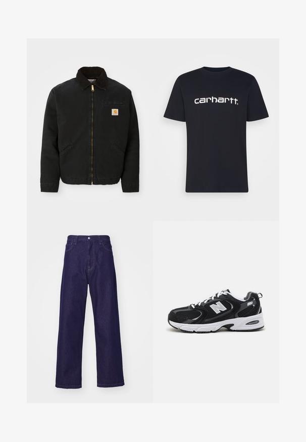 Schwarze zip-up Jacke mit braunem Cordkragen, zwei Seitentaschen und einem kleinen quadratischen Carhartt-Logo-Patch auf der linken Brust.; Schwarzes Baumwoll-T-Shirt mit kurzen Ärmeln und Rundhalsausschnitt; zeigt das weiße "Carhartt"-Logo, das quer über die Brust gedruckt ist. Glatte Textur, schlichtes Design.; Dunkelblaue Denim-Hosen mit weitem Bein und hoher Taille, ausgestattet mit vorderen Taschen und einem Knopfverschluss, der eine glatte, strapazierfähige Textur zeigt.; Schwarze und graue Sportschuhe mit Obermaterial aus Mesh und Wildleder, ausgestattet mit einer weißen Zwischensohle, Schnürsenkeln und einem markanten "N"-Logo an der Seite.