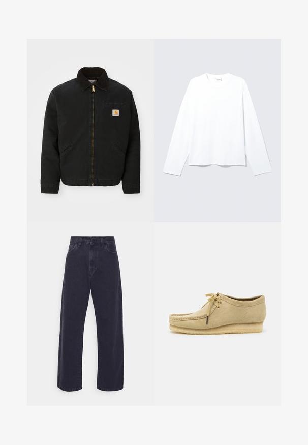 Schwarze zip-up Jacke mit braunem Cordkragen, zwei Seitentaschen und einem kleinen quadratischen Carhartt-Logo-Patch auf der linken Brust.; Schlichtes weißes Langarmshirt mit Rundhalsausschnitt und lockerer Passform, mit sichtbarem Markenlabel am Kragen, flach auf hellem Hintergrund liegend.; Dunkelblaue Jeans mit weitem Bein, hoher Taille und Fünf-Taschen-Design. Mit einer klassischen Knopf- und Reißverschlussöffnung ausgestattet.; Beige Wildlederschuh mit Schnürdesign, gestickten Details und Gummisohle. Die Form ist lässig mit einem leichten Keilabsatz.