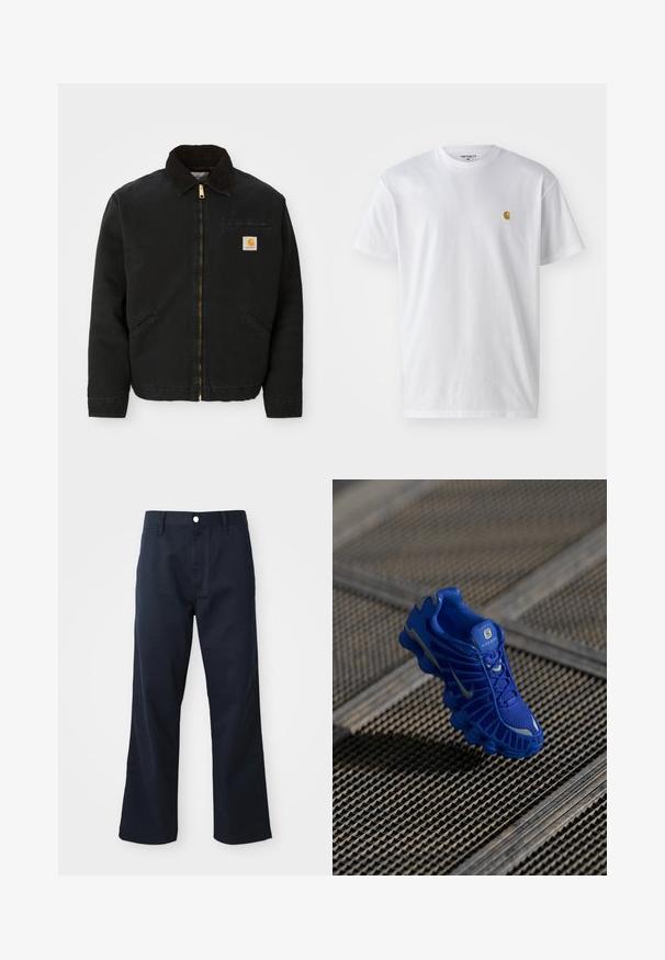 Schwarze zip-up Jacke mit braunem Cordkragen, zwei Seitentaschen und einem kleinen quadratischen Carhartt-Logo-Patch auf der linken Brust.; Weißes Baumwoll-T-Shirt mit kurzen Ärmeln, Rundhalsausschnitt, mit einem kleinen goldenen Logo im linken Brustbereich. Weicher Stoff und normale Passform.; Navyblaue Baumwollhose mit geradem Bein, ausgestattet mit einem Reißverschluss, Knopfverschluss und Vordertaschen. Glatte Textur und saubere Verarbeitung.; Blaue Sportschuh mit einem Obermaterial aus Netzgewebe, strukturiertem Design und einer markanten Sohle, die über ausgeprägte Dämpfungselemente und reflektierende Akzente verfügt.