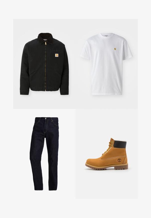 Zwarte ritsjack met een bruine corduroy kraag, twee zijzakken en een klein vierkant Carhartt logo-patch op de linkerborst.; Witte katoenen t-shirt met korte mouwen en ronde hals, voorzien van een klein gouden logo op de linkerkant van de borst. Zachte textuur en een normale pasvorm.; Donkerblauwe spijkerbroek met een rechte pasvorm, voorzien van gele stiksels, vijf zakken en een klassieke knoop- en ritsluiting.; Bruine leren enkellaars met metalen oogjes, witte faux bont voering, zwarte gewatteerde kraag, robuuste zool en een reliëflogo aan de zijkant.