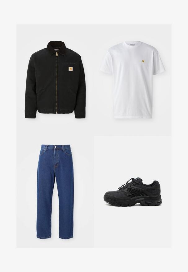 Chaqueta negra con cremallera y cuello de pana marrón, dos bolsillos laterales y un pequeño parche cuadrado con el logo de Carhartt en el lado izquierdo del pecho.; Camiseta de algodón blanca con mangas cortas, cuello redondo, que presenta un pequeño logo dorado en la parte izquierda del pecho. Textura suave y corte regular.; Vaqueros de tiro alto de algodón, con una silueta de pierna recta, costuras visibles y un cierre de botón en la parte delantera.; Zapatilla deportiva negra con tejido texturizado, suela gruesa y acolchada, ventilaciones y cierre con cordones, mostrada de lado sobre un fondo claro.