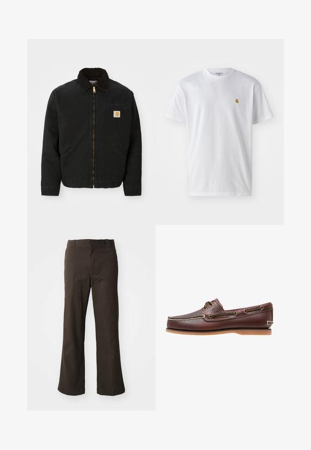 Čierna zipsová bunda s hnedým kordovým golierom, dvoma bočnými vreckami a malou štvorcovou nášivkou s logom Carhartt na ľavej hrudi.; Biele bavlnené tričko s krátkymi rukávmi, okrúhlym výstrihom, s malým zlatým logom na ľavej strane hrude. Mäkká textúra a normálny strih.; Hnedé rozšírené nohavice s hladkým povrchom, s predným zapínaním na gombík a bočnými vreckami. Jednoduchý a rovný dizajn.; Hnedá kožená lodná topánka s bielym prešívaním, detailmi na šnúrky a svetlohnedou gumovou podrážkou, zobrazená z boku na bielom pozadí.