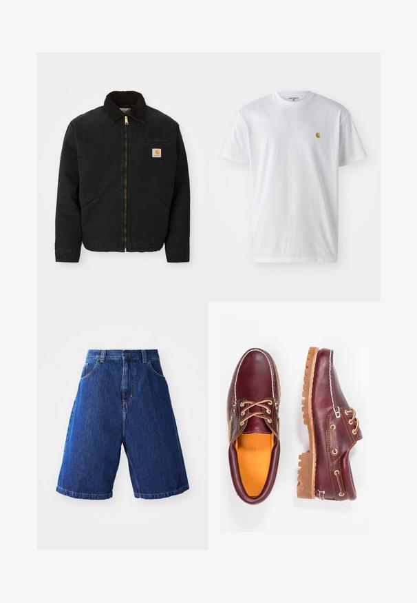 Sort zip-up jakke med brun kordfløjlskrave, to sidelommer og et lille firkantet Carhartt logo patch på venstre bryst.; Hvid bomulds t-shirt med korte ærmer, rund hals og et lille guld logo på venstre brystområde. Blød tekstur og almindelig pasform.; Denimshorts med en blå vask, med en høj talje, to forlommer og gul syning langs sømmene.; Bordeaux lædersko med brune gummisåler, rund tå, hvid syning og gyldne snøringer. Indersiden har et gult for.