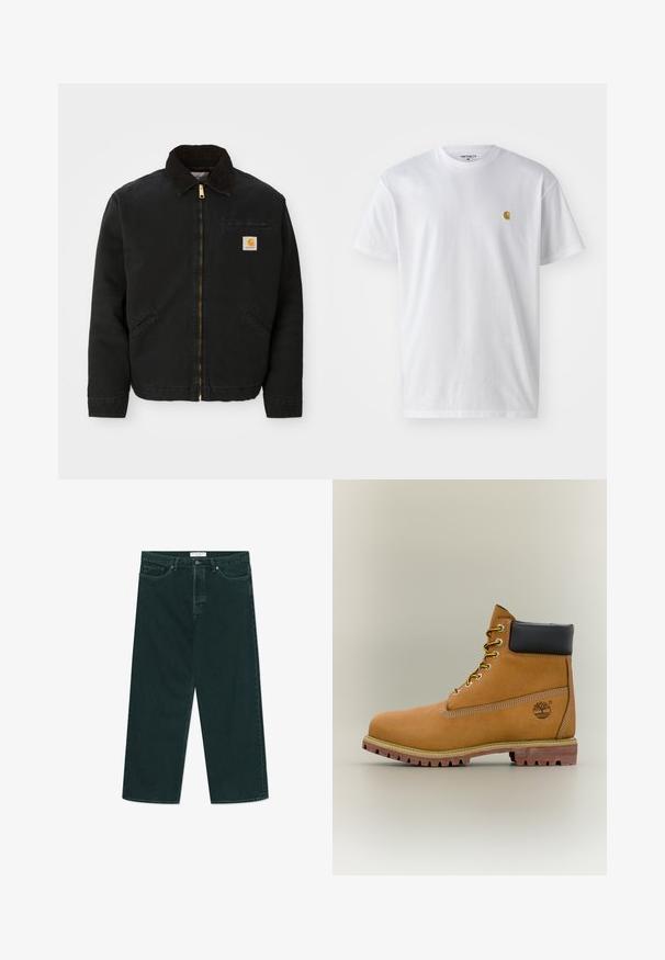 Čierna zipsová bunda s hnedým kordovým golierom, dvoma bočnými vreckami a malou štvorcovou nášivkou s logom Carhartt na ľavej hrudi.; Biele bavlnené tričko s krátkymi rukávmi, okrúhlym výstrihom, s malým zlatým logom na ľavej strane hrude. Mäkká textúra a normálny strih.; Tmavo zelené široké denimové nohavice s gombíkom a zipsom, prednými vreckami a pútkom na opasok, položené na bielom pozadí.; Hnedá kožená členková členková obuv s čiernym golierom, žltými šnúrkami a béžovou podrážkou. Má logo a biele prešívanie. Hrubá podrážka s dobrým záberom.