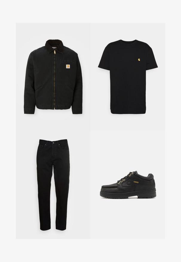Chaqueta negra con cremallera y cuello de pana marrón, dos bolsillos laterales y un pequeño parche cuadrado con el logo de Carhartt en el lado izquierdo del pecho.; Camiseta de algodón negra con mangas cortas, cuello redondo y un pequeño logo amarillo en el área del pecho izquierdo. Diseño simple y ajuste regular.; Jeans negros ajustados con cierre de botón frontal y diseño de cinco bolsillos, mostrados sobre un fondo gris claro liso.; Zapato de cuero negro con cordones, cuello acolchado, suela gruesa, ojales dorados y etiqueta Gore-Tex en el lateral.