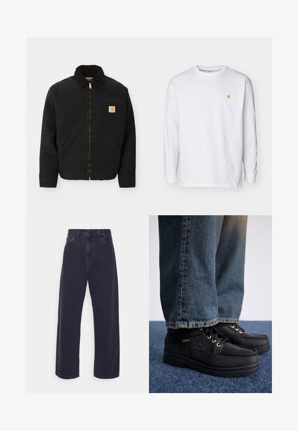 Juodas užtrauktukas švarkas su rudąja kordurojo apykakle, dviem šoninėm kišenėm ir mažas kvadratinis Carhartt logotipo pleistras kairėje krūtinės pusėje.; Balti ilgos rankovės marškiniai, pagaminti iš medvilnės. Turintys mažą auksinį logotipą ant krūtinės ir tradicinį apykaklės iškirpimą. Paprastas dizainas ir standartinė prigludimo forma.; Tamsiai mėlynos džinsų kelnės su plačiomis kojomis, aukštu juosmeniu ir penkių kišenių dizainu. Yra klasikinis sagčių ir užtrauktuko užtrauktukas.; Juodi odiniai batai su auksiniais akmenimis ir tekstūruotu paviršiumi, derinami su mėlynomis džinsinėmis kelnėmis. Batai turi sluoksniuotą pada ir prekės ženklo detalę.