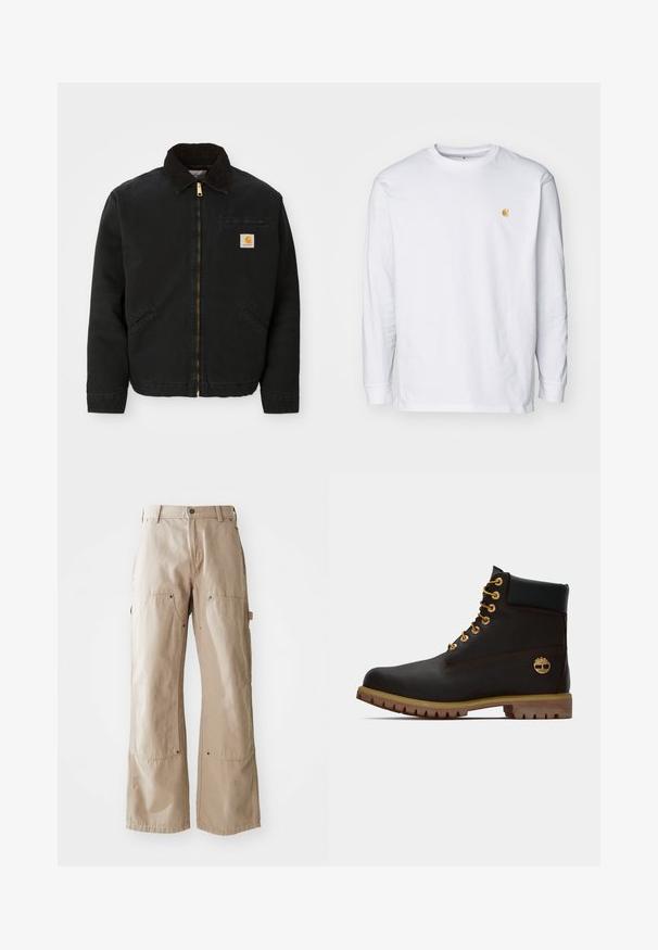 Chaqueta negra con cremallera y cuello de pana marrón, dos bolsillos laterales y un pequeño parche cuadrado con el logo de Carhartt en el lado izquierdo del pecho.; Camiseta de manga larga blanca de algodón. Cuenta con un pequeño logo dorado en el pecho y un cuello redondo. Diseño simple y corte estándar.; Pantalones de pierna ancha beige, confeccionados en un resistente tejido de algodón. Cuenta con bolsillos delanteros y laterales, costuras visibles y acentos de metal en los bolsillos.; Bota de cuero negro de tobillo con ojales dorados, acentos marrones y suela de goma. Presenta un cuello acolchado y un logotipo en relieve en el costado.