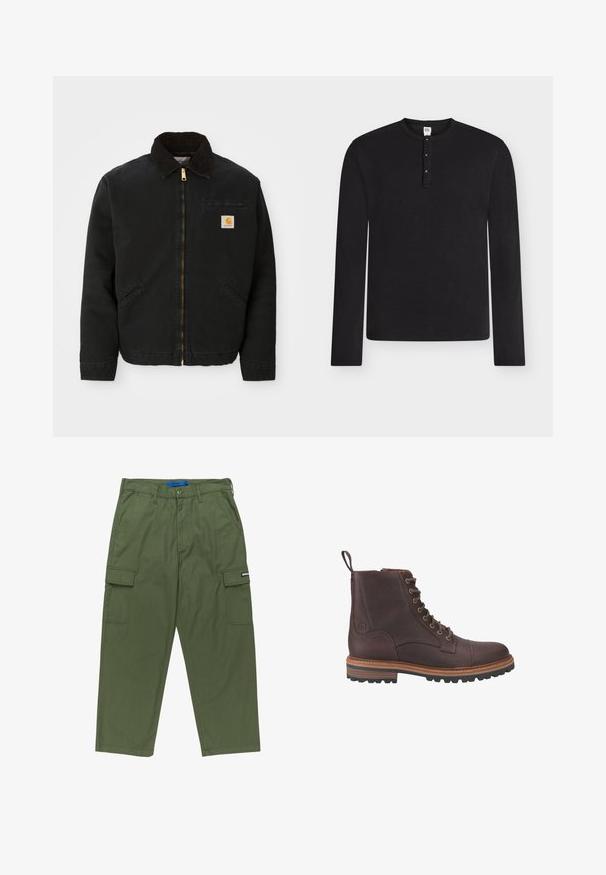 Schwarze zip-up Jacke mit braunem Cordkragen, zwei Seitentaschen und einem kleinen quadratischen Carhartt-Logo-Patch auf der linken Brust.; Schwarzes langärmliges Henley-Shirt mit drei Knöpfen auf der Knopfleiste, Rundhalsausschnitt und mittlerem Größenetikett im Krageninnenteil.; Grüne Cargo-Hosen mit geradem Schnitt, mehreren Seitentaschen und einem Reißverschluss. Hergestellt aus strapazierfähigem Baumwollstoff. Mit Markenlabel.; Braune Leder-Stiefeletten mit Schnürung, strukturierter Oberfläche, kontrastierenden beigen Sohlen und Metallösen. Verfügen über eine Lasche zum einfachen An- und Ausziehen.