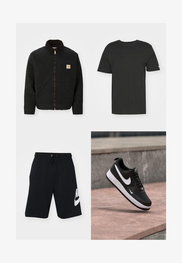 Chaqueta negra con cremallera y cuello de pana marrón, dos bolsillos laterales y un pequeño parche cuadrado con el logo de Carhartt en el lado izquierdo del pecho.; Camiseta negra hecha de algodón suave, con mangas cortas y cuello redondo. Diseño simple con un pequeño logo en la manga izquierda.; Pantalones cortos de algodón negro con cintura elástica y cordón, bolsillos laterales y gran logo blanco de Nike impreso en el muslo izquierdo. Diseño atlético clásico.; Zapatilla Nike Air Force 1 en blanco y negro suspendida sobre una superficie de concreto rosa con un fondo de piedra gris.